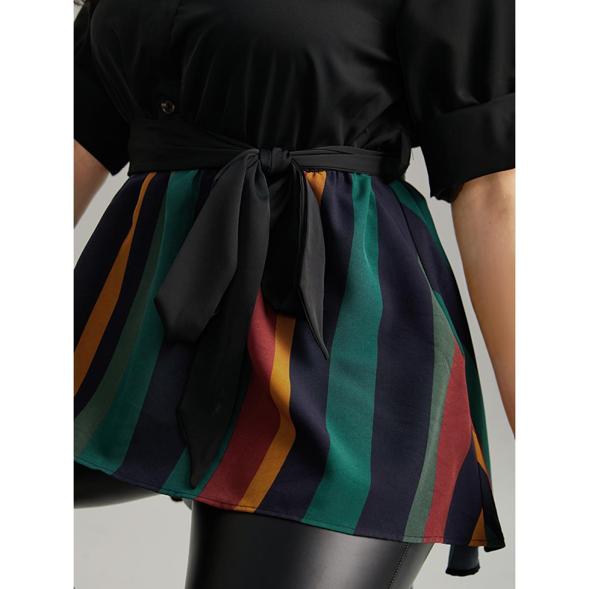 Plus Size Black Colour Striped Patchwork Belted Tab Sleeve Blouse Women Office Elbow-length sleeve Shirt collar Work Blouses BloomChic 22-24/3X Product Image