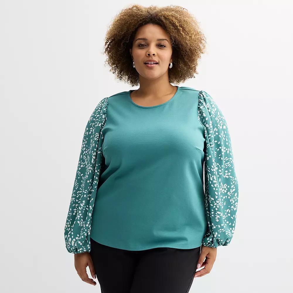 Plus Size Nine West Mixed Long Puff Sleeve Crewneck Top, Women's, Size: 2XL, Black Bold Leaf Product Image