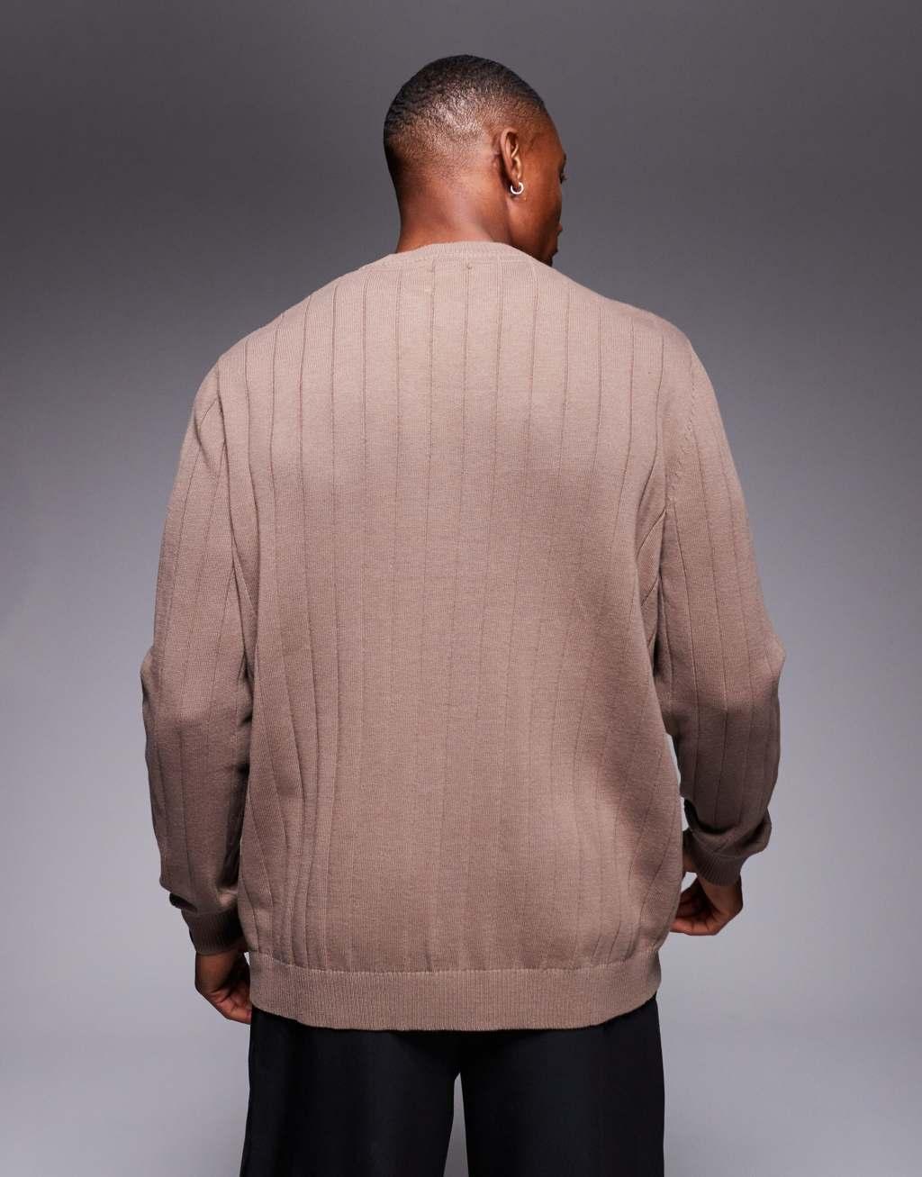 ASOS DESIGN relaxed knitted wide rib sweater in brown Product Image