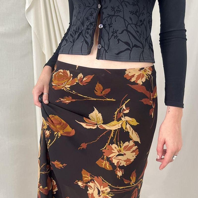 Low Waist Floral Print Midi A-Line Skirt Product Image