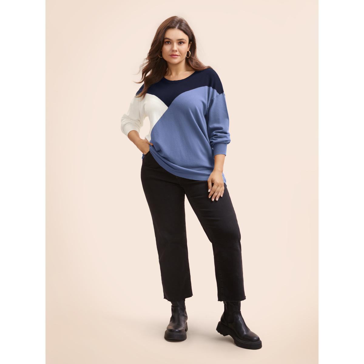Plus Size Supersoft Essentials Colorblock Contrast Pullover Indigo Women Casual Long Sleeve Round Neck Everyday Pullovers BloomChic 28/5X Product Image
