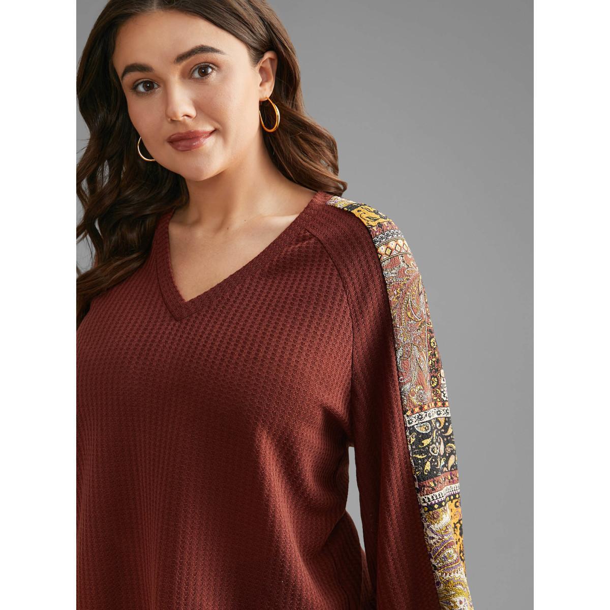 Plus Size Bandana Patchwork Waffle Knit T-shirt Maroon Women Casual Texture V-neck Loose Everyday T-shirts BloomChic 22-24/3X Product Image