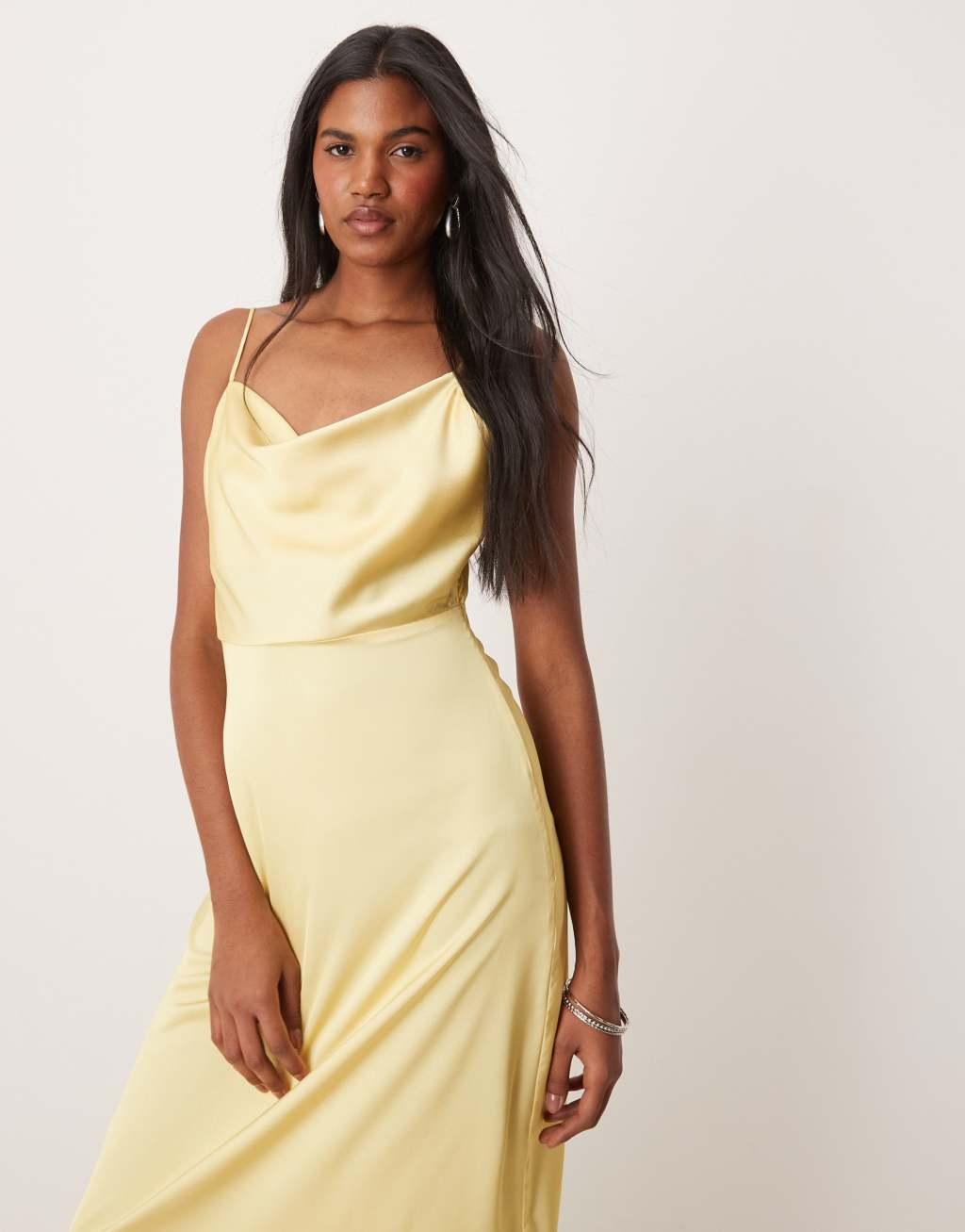 Vila satin cowl neck maxi dress in banana yellow Product Image
