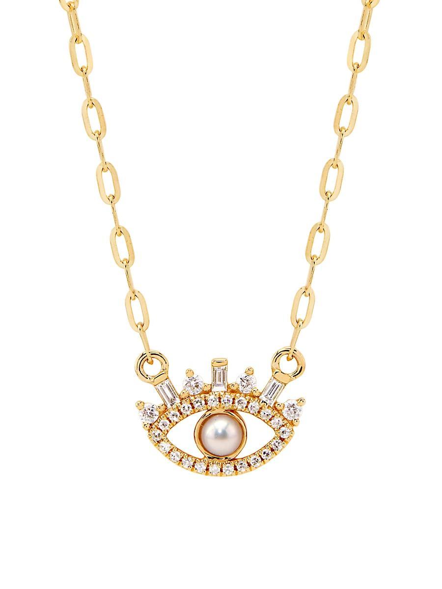 Womens 14K Yellow Gold, 0.16 TCW Diamond & Cultured Freshwater Pearl Eye Pendant Necklace Product Image