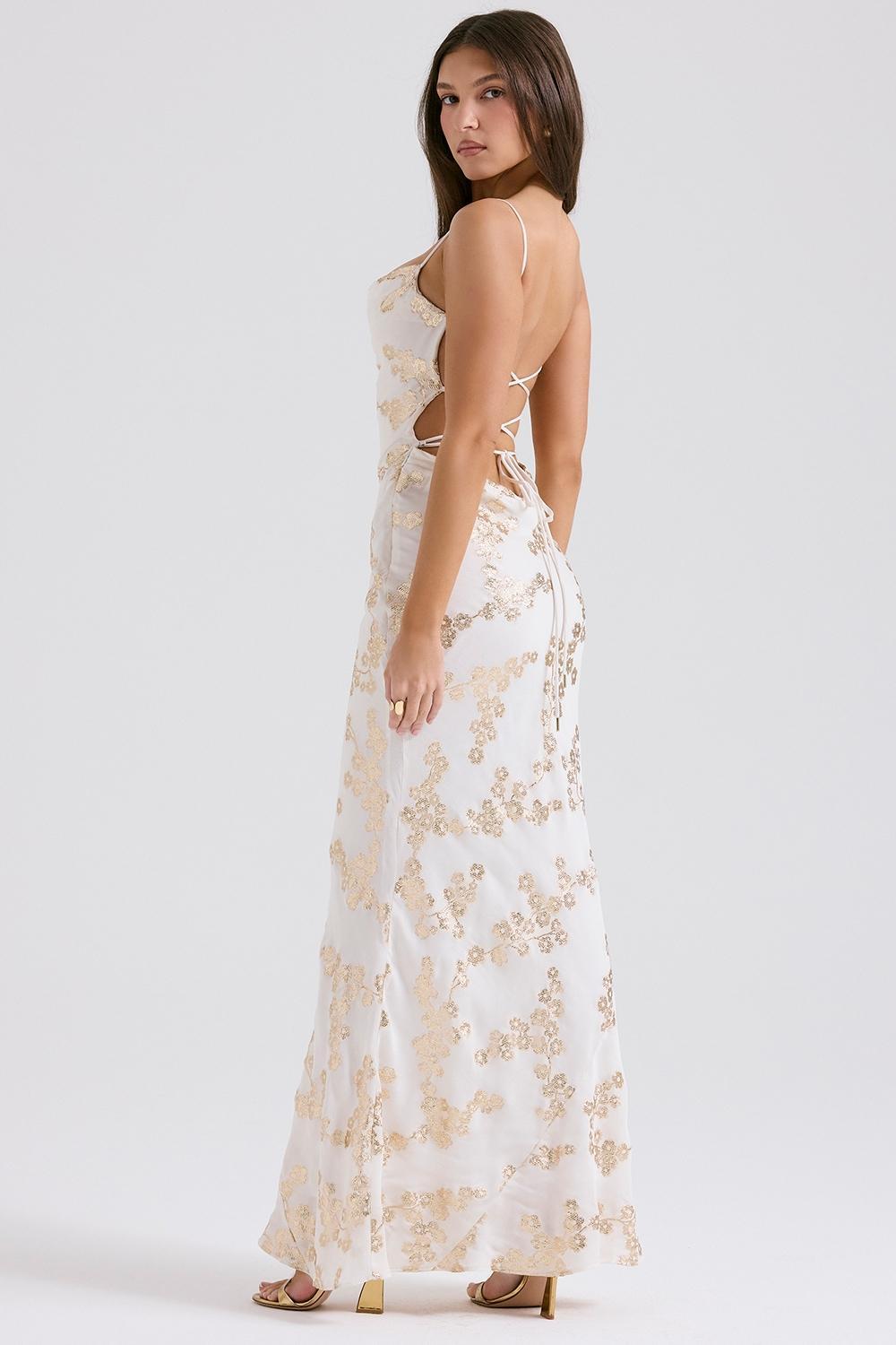 Capriana  white & gold jacquard satin gown Product Image