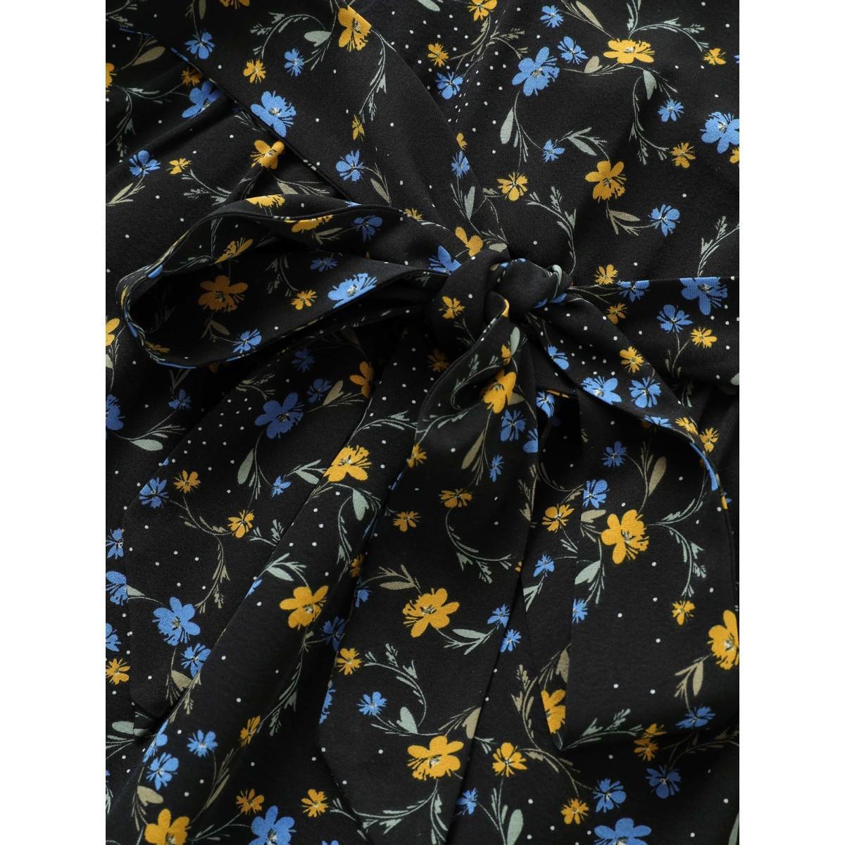 Plus Size Ditsy Floral Ruffle Half Sleeve Belted Dress Black Women Elegant Non Overlap Collar Half Sleeve Curvy Midi Dress BloomChic 18-20/2X Product Image