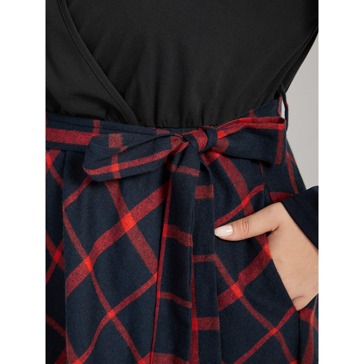 Plus Size Plaid Patchwork Pocket Belted Surplice Neck Dress Scarlet Women Elegant Belted V-neck Long Sleeve Curvy Midi Dress BloomChic 10/M Product Image