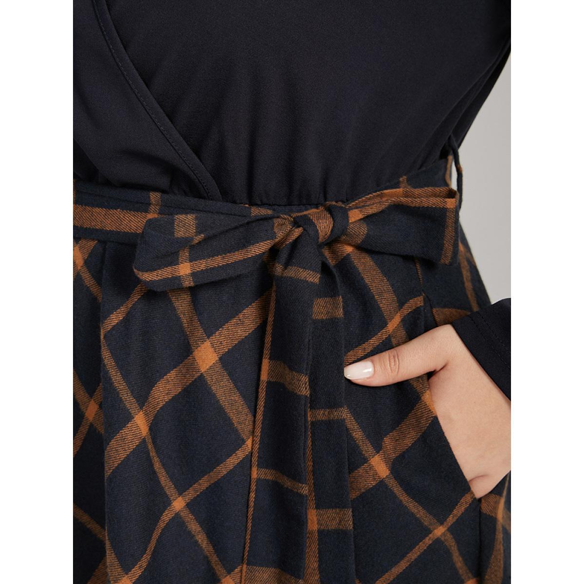 Plus Size Plaid Patchwork Pocket Belted Surplice Neck Dress Indigo Women Elegant Belted V-neck Long Sleeve Curvy Midi Dress BloomChic 22-24/3X Product Image