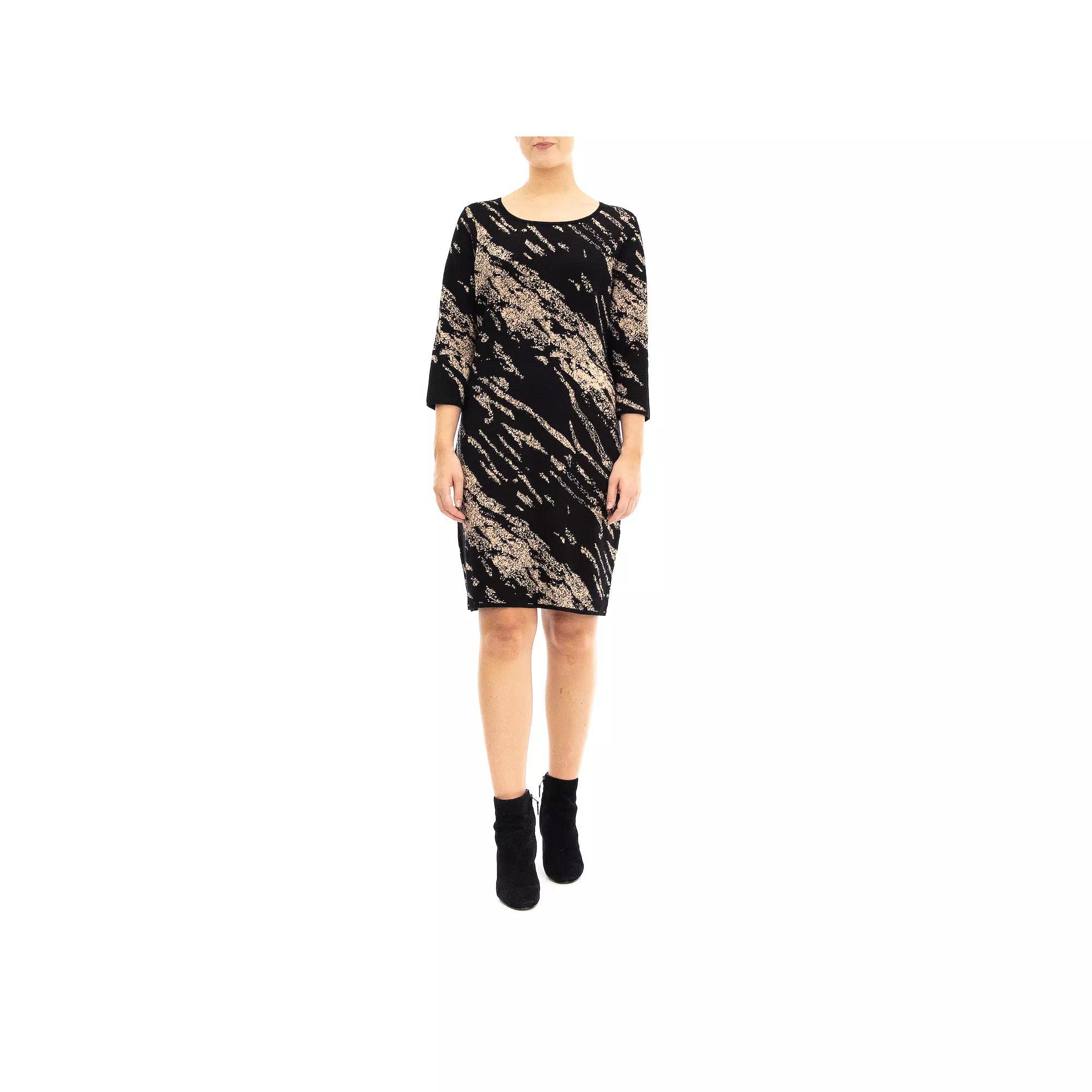 Women's Nina Leonard Three Quarter Jewelneck Sheath Sweater Dress, Size: Small, Black Deep Blue Product Image