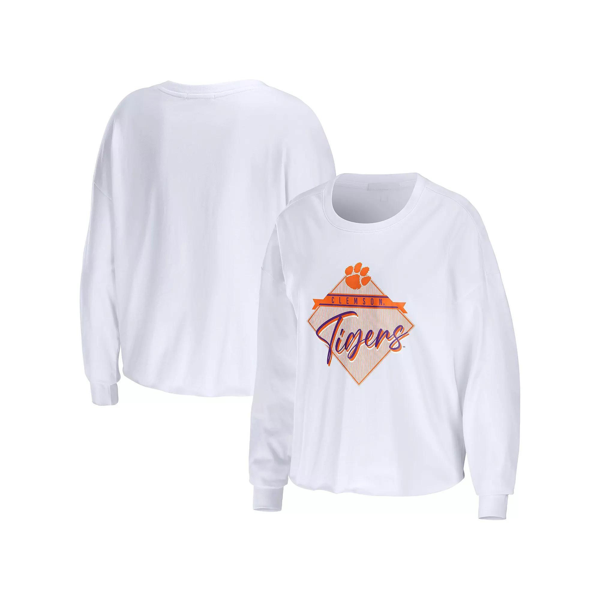 Women's WEAR by Erin Andrews White Clemson Tigers Diamond Long Sleeve Cropped T-Shirt, Size: XL Product Image