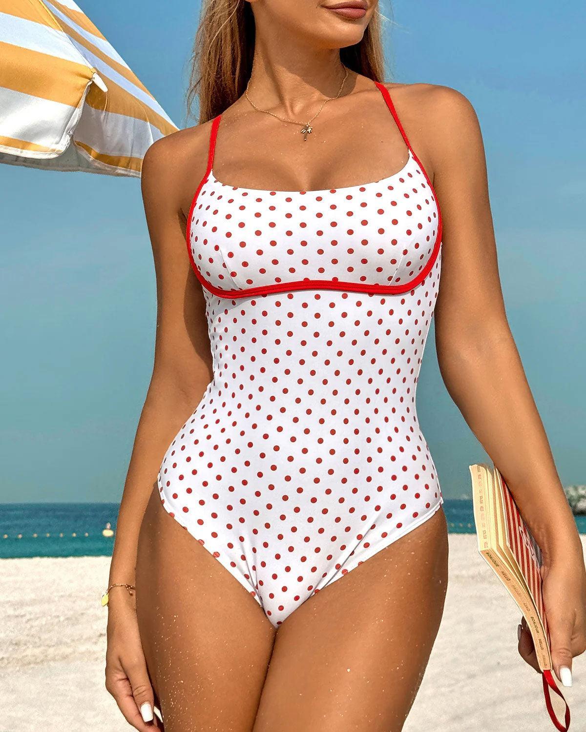 Red Contrast Polka Dot One-Piece Swimsuit Product Image