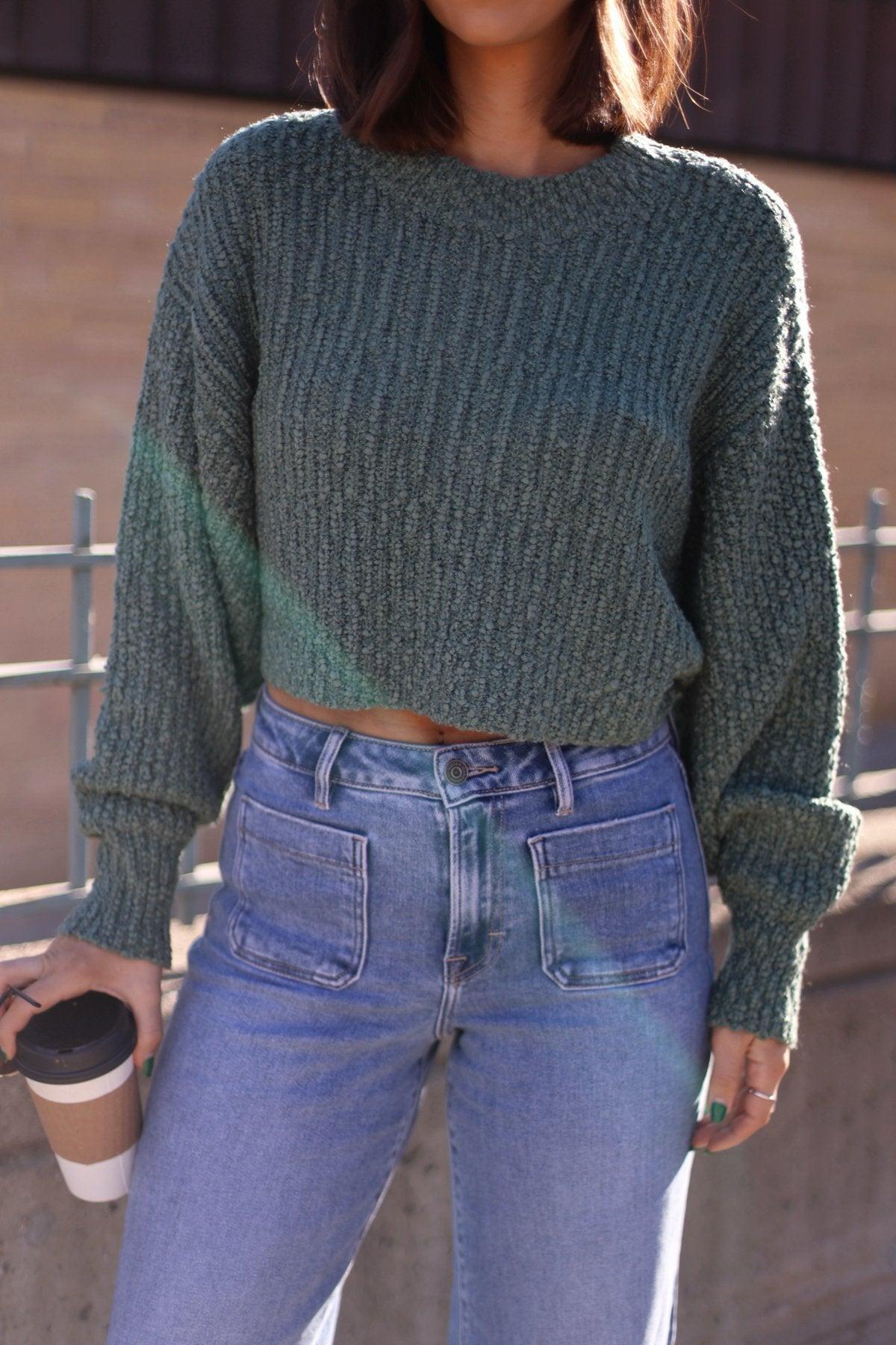 Green Popcorn Knit Cropped Sweater - FINAL SALE Product Image