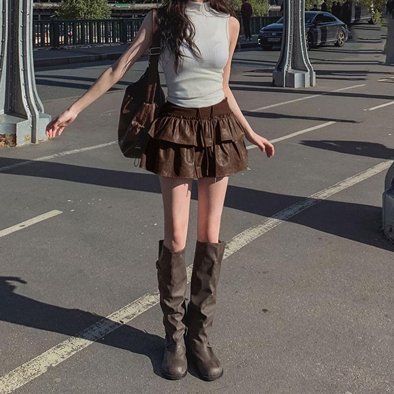 High Rise Faux Leather Layered Mini A-Line Skirt Product Image