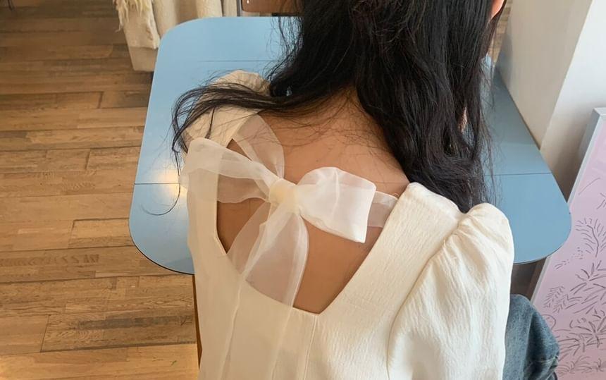 Long-Sleeve Ribbon Back Plain Blouse Product Image