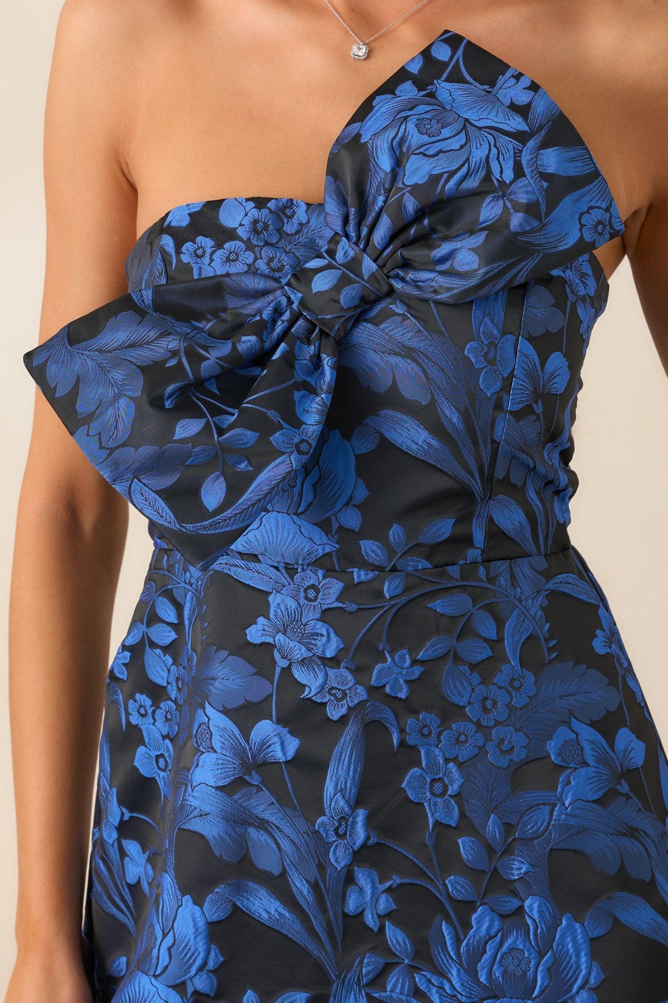 You're Electric Midnight Blue Jacquard Strapless Midi Dress Product Image