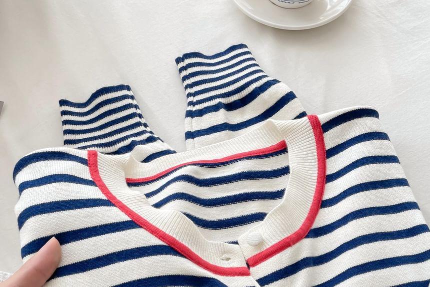 Round Neck Striped Cardigan Product Image
