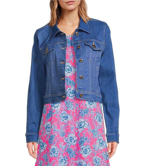 Lilly Pulitzer Seaspray Denim Point Collar Long Sleeve Chest Pocket Button Down Jacket Product Image