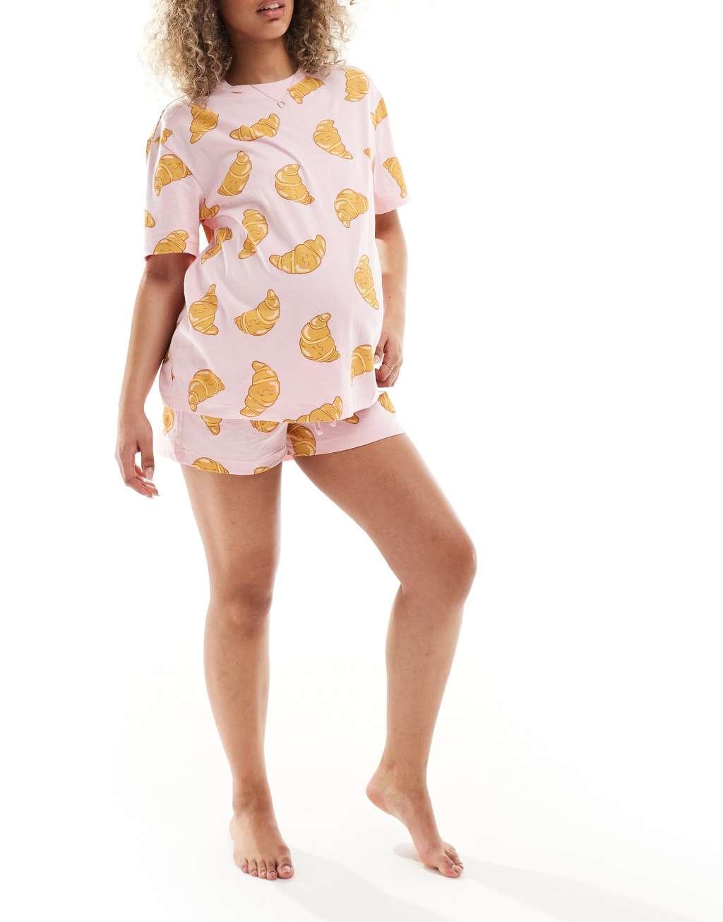 ASOS DESIGN Maternity croissant oversized tee & short pajama set in pink Product Image