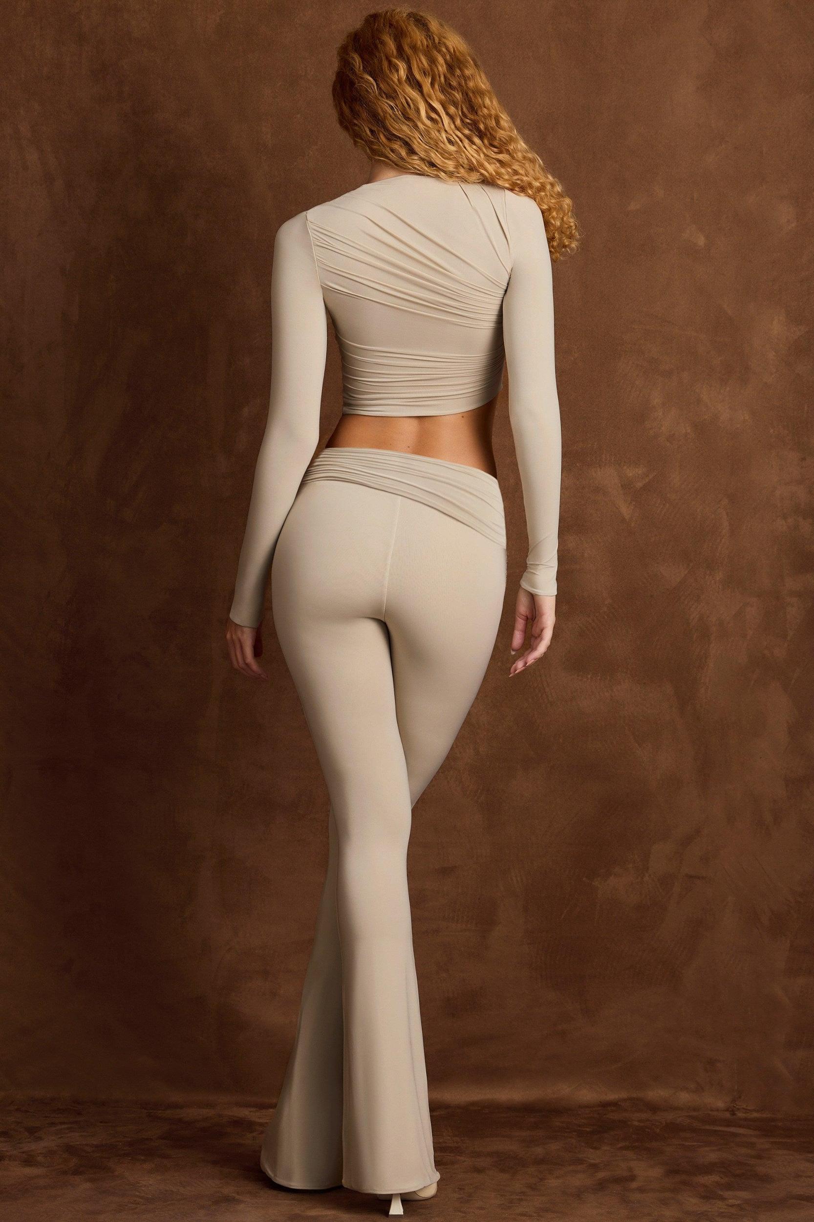 Asymmetric Draped Mid-Rise Flared Trousers in Light Grey Product Image