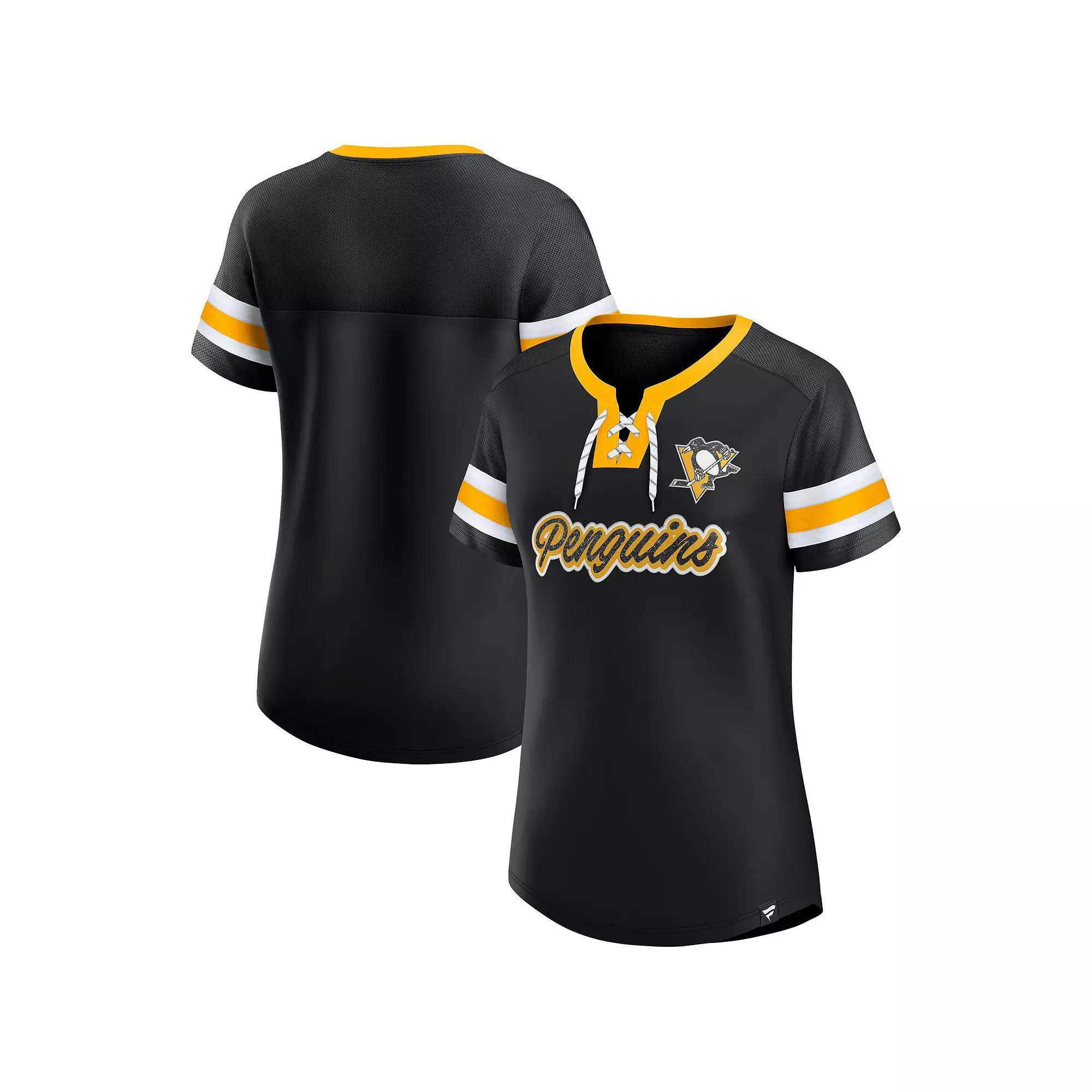 Women's Fanatics Black Pittsburgh Penguins Iconic Athena Lace-Up T-Shirt, Size: Medium Product Image