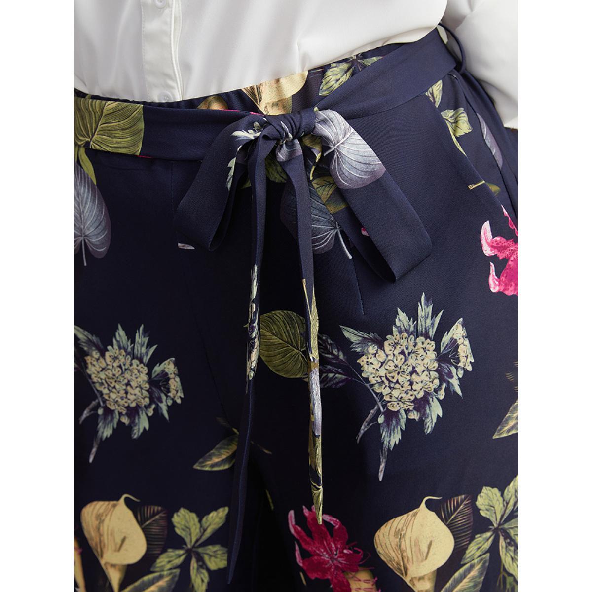 Plus Size Floral Print Belted Straight Leg Pants Women Indigo Elegant Wide Leg High Rise Dailywear Pants BloomChic 22-24/3X Product Image