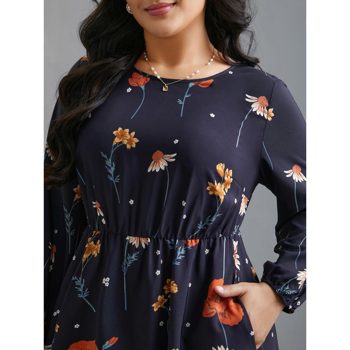 Plus Size Floral Boho Print Lantern Sleeve Dress Indigo Women Elegant Non Round Neck Long Sleeve Curvy BloomChic 30/6X Product Image