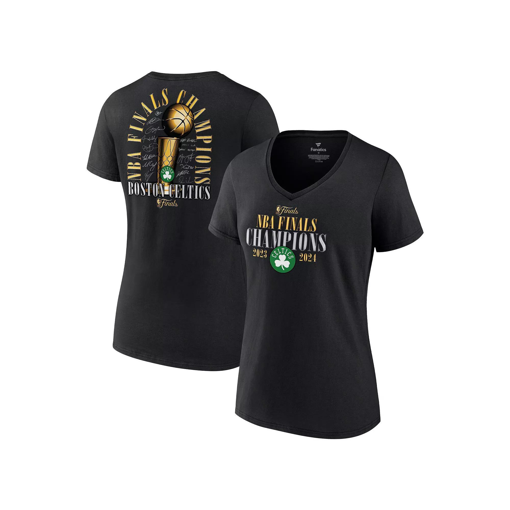 Women's Fanatics Black Boston Celtics 2024 NBA Finals Champions Fade Away Jumper Roster Signature V-Neck T-Shirt, Size: Small Product Image