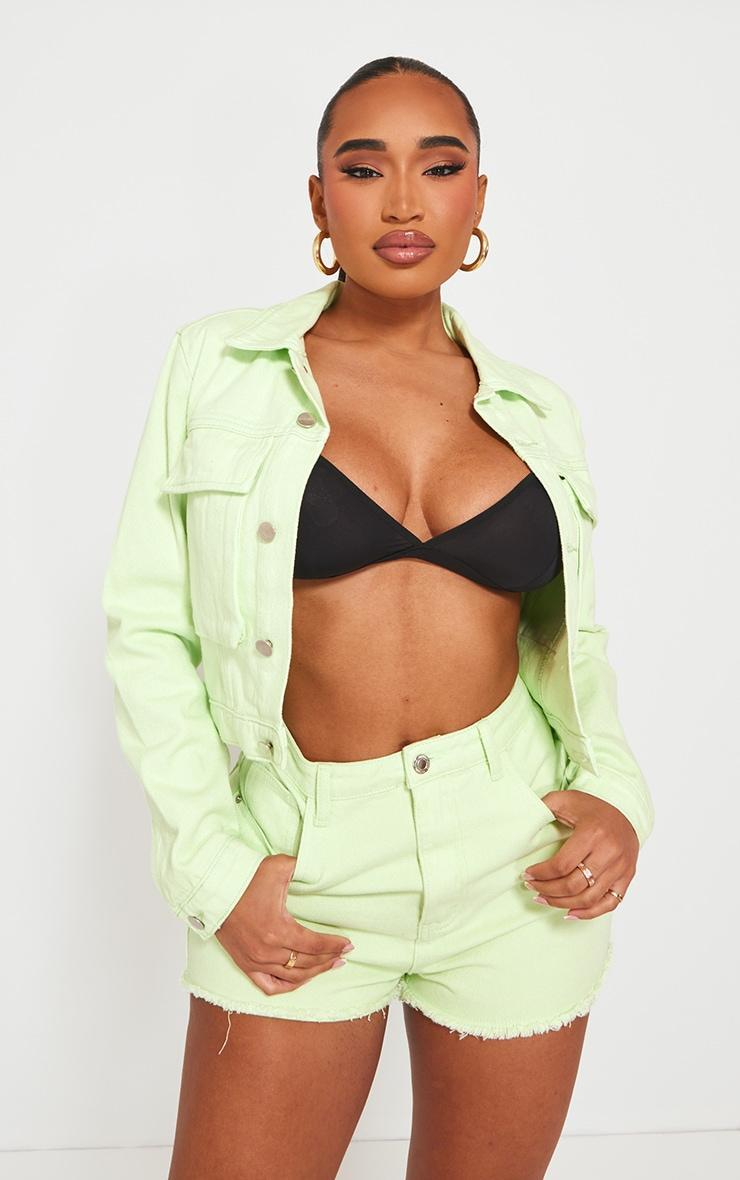 Shape Lime Denim Frayed Hem Denim Shorts Product Image