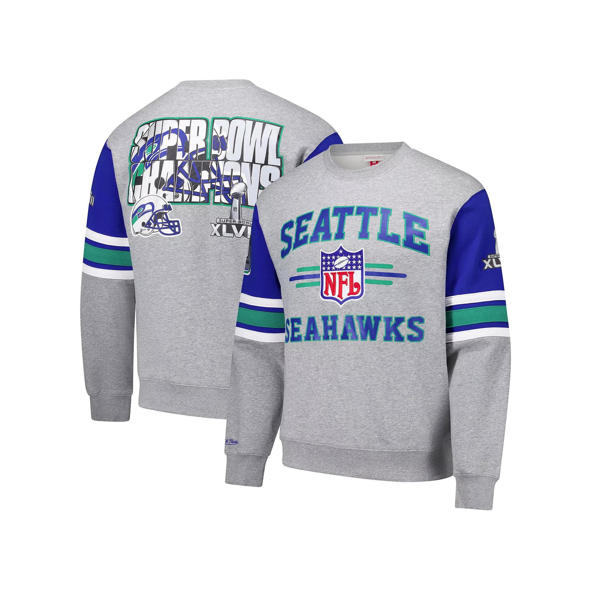 Men's Mitchell & Ness Heather Gray Seattle Seahawks All Over 4.0 Vintage Logo Pullover Sweatshirt, Size: 4XL, Grey Product Image