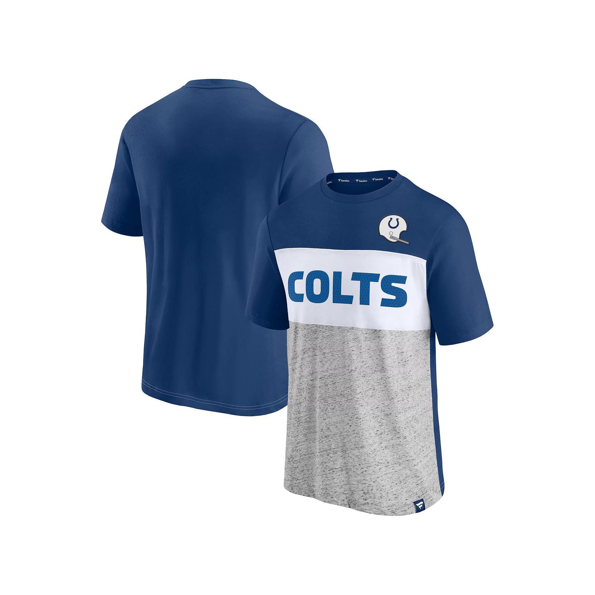 Men's Fanatics Branded Royal/Heathered Gray Indianapolis Colts Throwback Colorblock T-Shirt, Size: Small, Blue Product Image