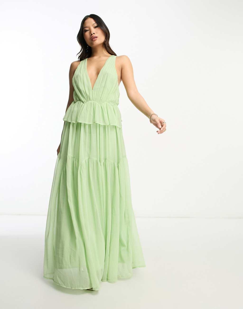 ASOS DESIGN Petite plunge pleated tiered maxi dress Product Image
