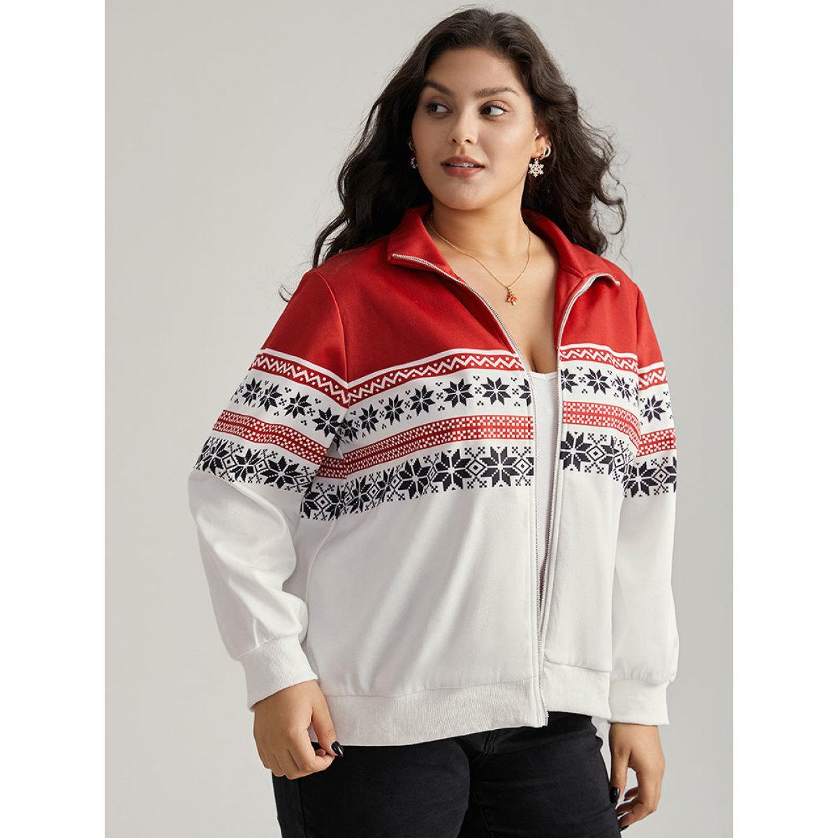 Plus Size Christmas Snowflake Zipper Contrast Jacket Women Red Contrast Dailywear Jackets BloomChic 10/M Product Image