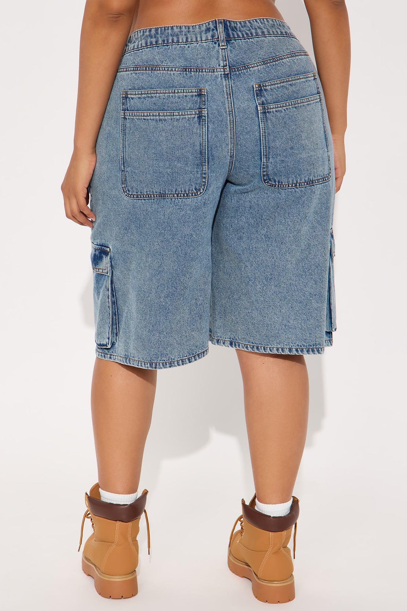 Frankie Acid Wash Cargo Denim Jorts - Medium Wash Product Image
