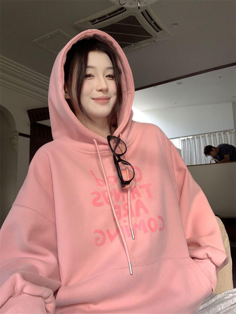 Lettering Print Drawstring Hoodie / High Waist Plain Velvet Maxi A-Line Skirt Product Image