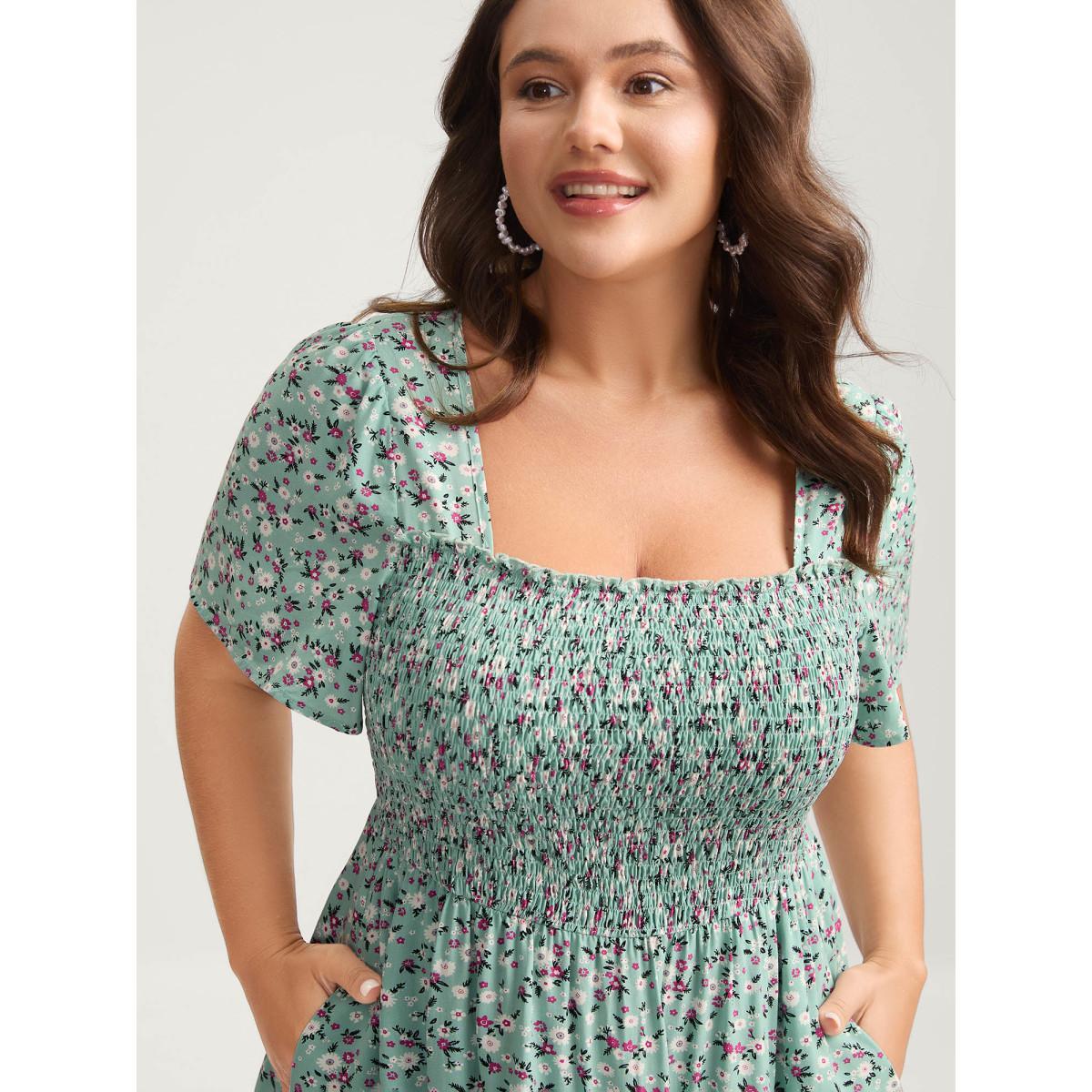 Plus Size Rayon Ditsy Floral Print Shirred Midi Dress Mint Women Square Neck Short sleeve Curvy BloomChic 26/4X Product Image