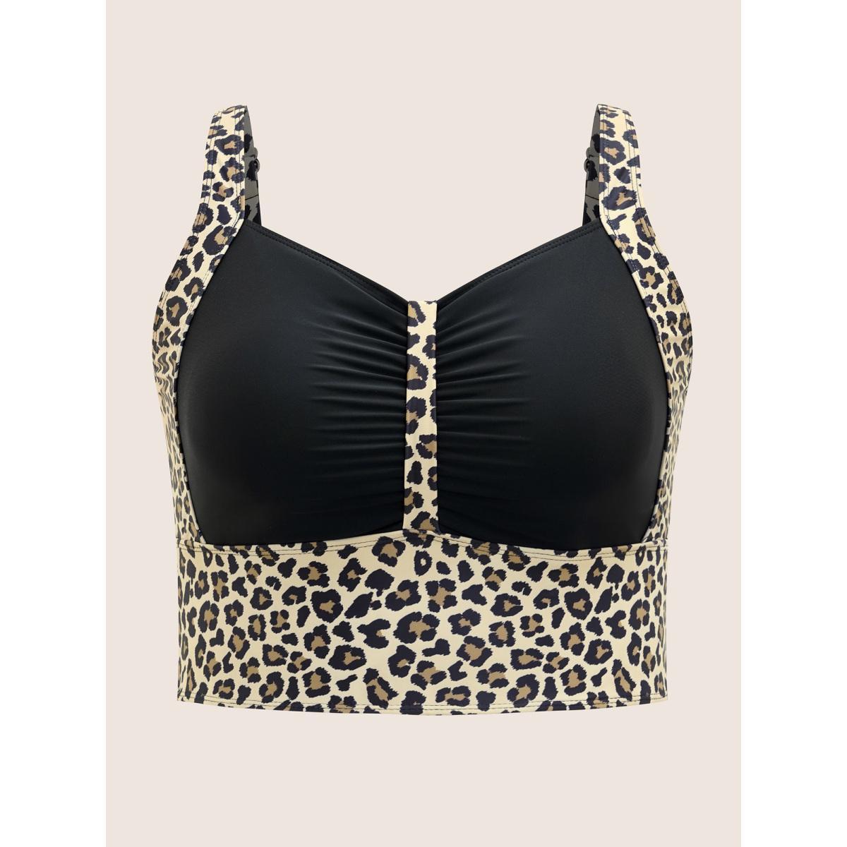 Plus Size Heart Neckline Leopard Print Patchwork Ruched Swim Top Women's Swimwear Black Beach Tucked seam High stretch Skinny Heart neckline Curve Swim Tops BloomChic 14-16/1X Product Image