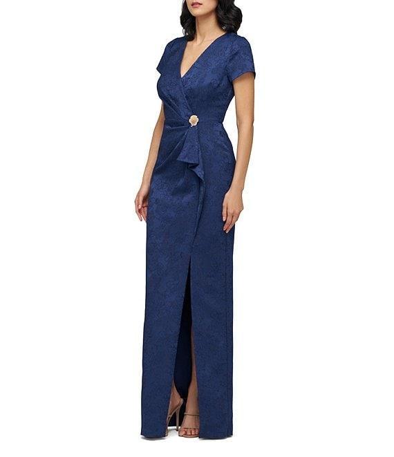 JS Collections Aidy V-Neck Short Sleeve Ruffle Front Stretch Jacquard Column Gown Product Image
