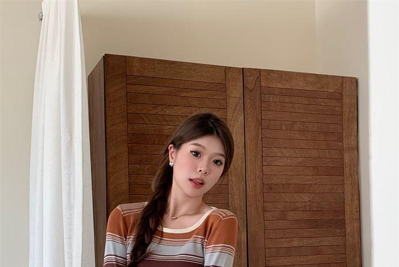 Long Sleeve Crew Neck Striped Drawstring T-Shirt Product Image