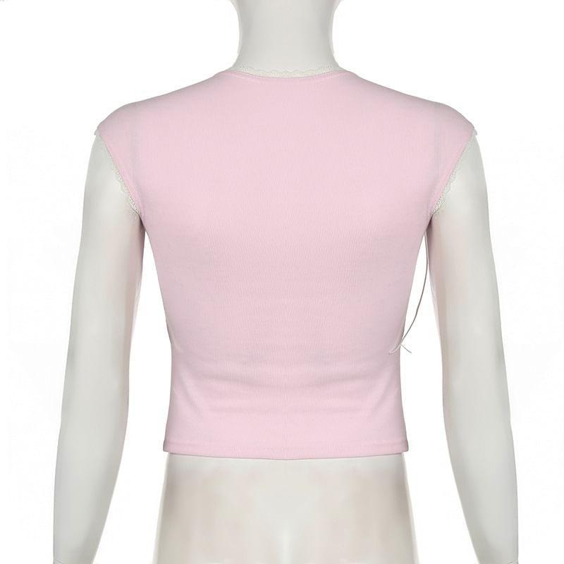 Cap-Sleeve Queen Anne Neckline Lace Trim Crop Top Product Image