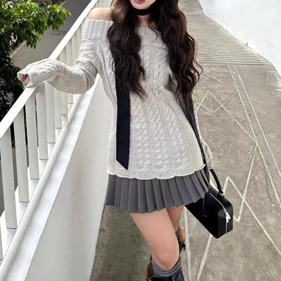 Off-Shoulder Plain Cable Knit Sweater / High Rise Plain Pleated Mini A-Line Skirt Product Image