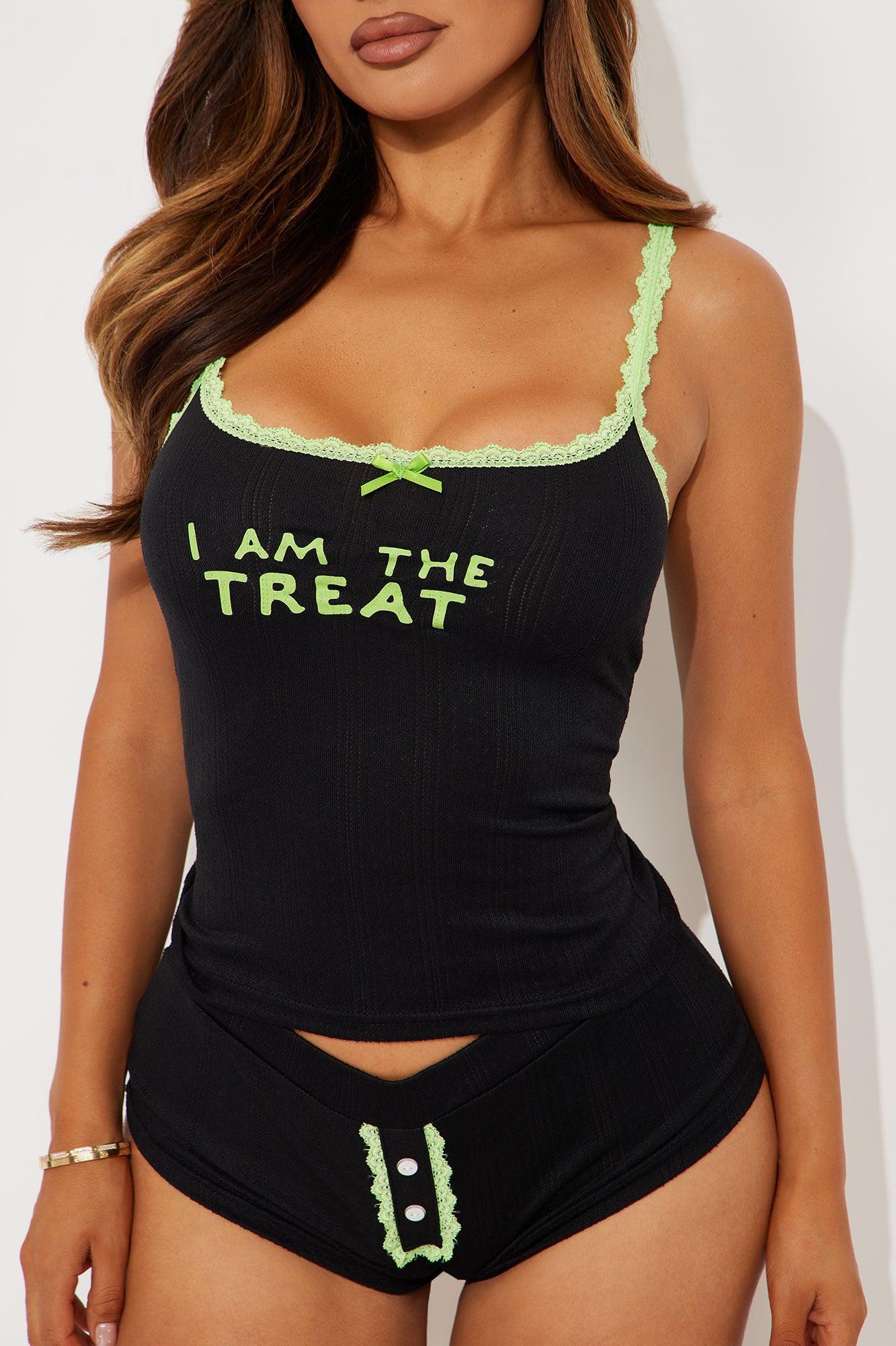 I Am The Treat Halloween 2 Piece Pointelle Cami And Panty Set - Black/Green Product Image