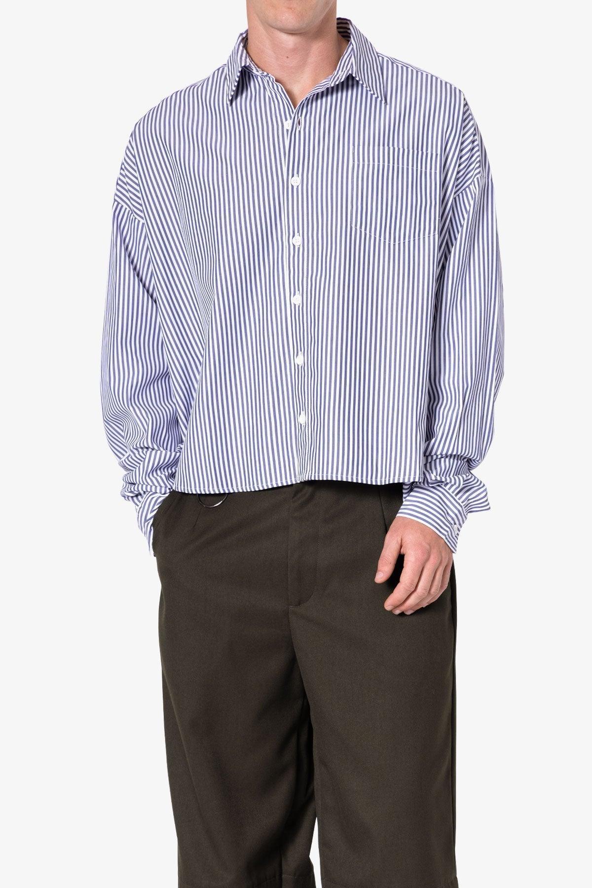 Striped Cropped Button Down Shirt - Blue Product Image