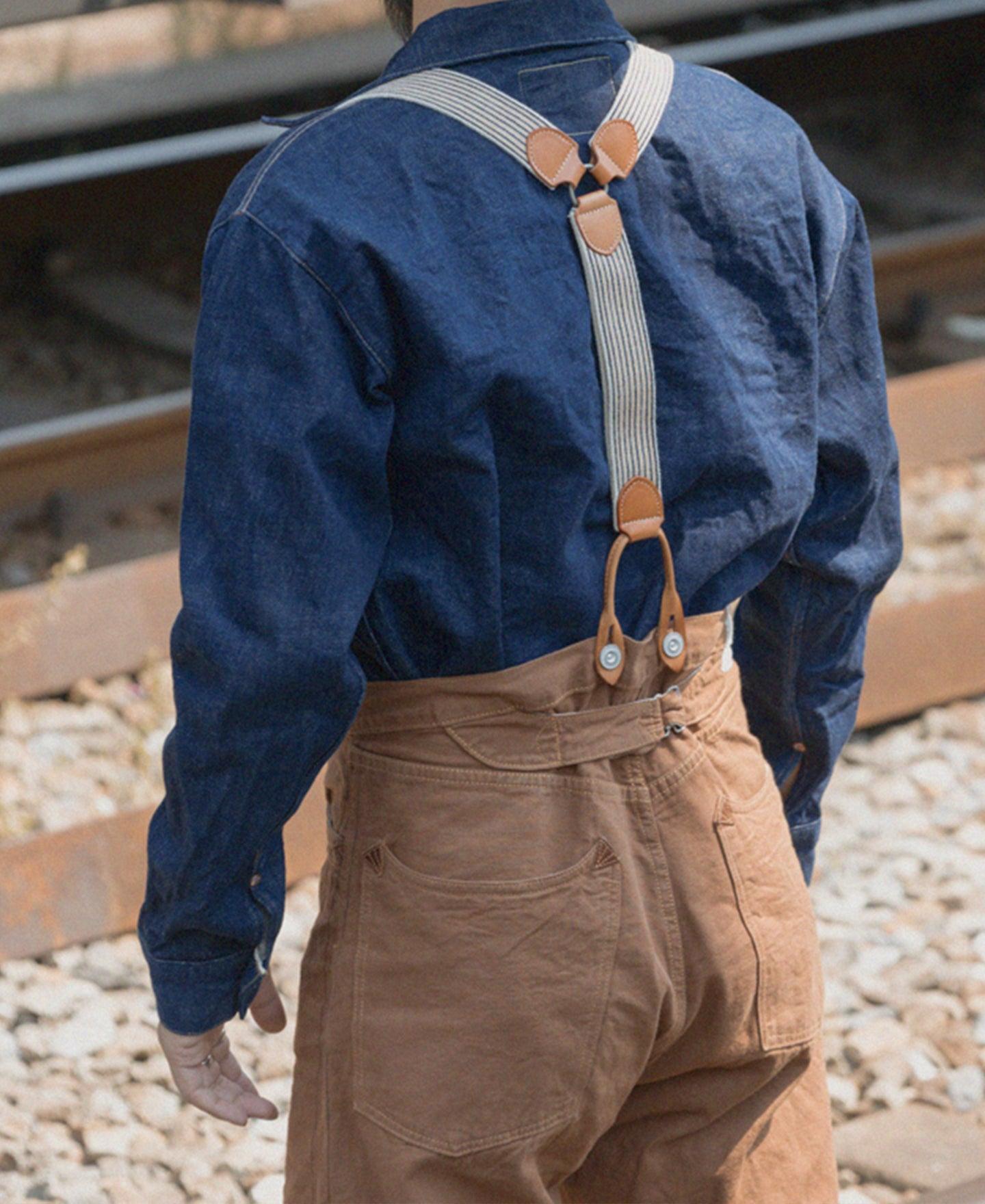 Old-Time Y-Back Leather Button Suspenders - Khaki Stripe Product Image