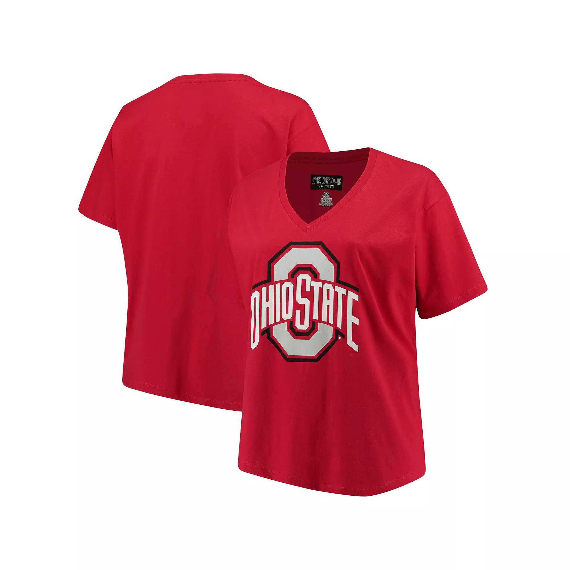 Womens Scarlet Ohio State Buckeyes Plus Size Primary Logo V-Neck T-Shirt Product Image