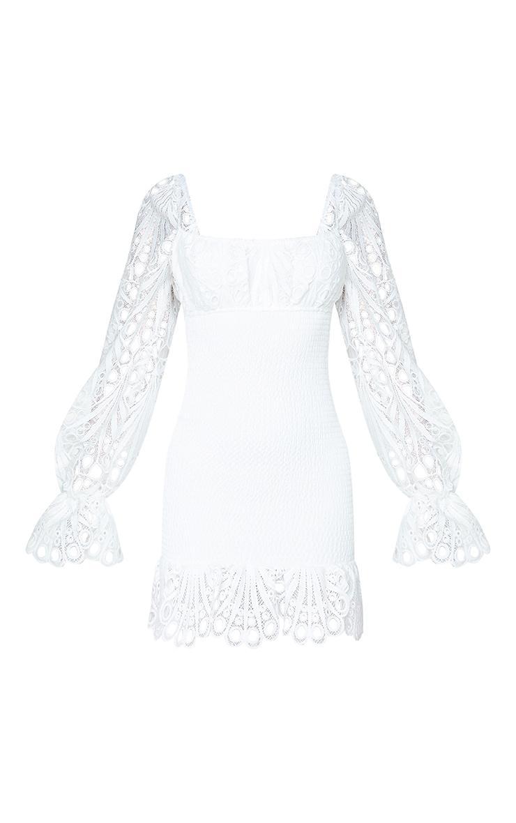 White Lace Sleeve Shirred Bodycon Dress Product Image