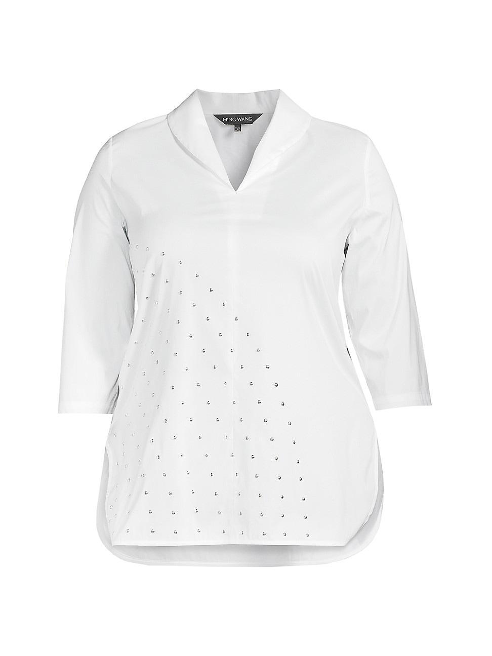 Womens Studded Cotton-Blend Shawl-Collar Top Product Image