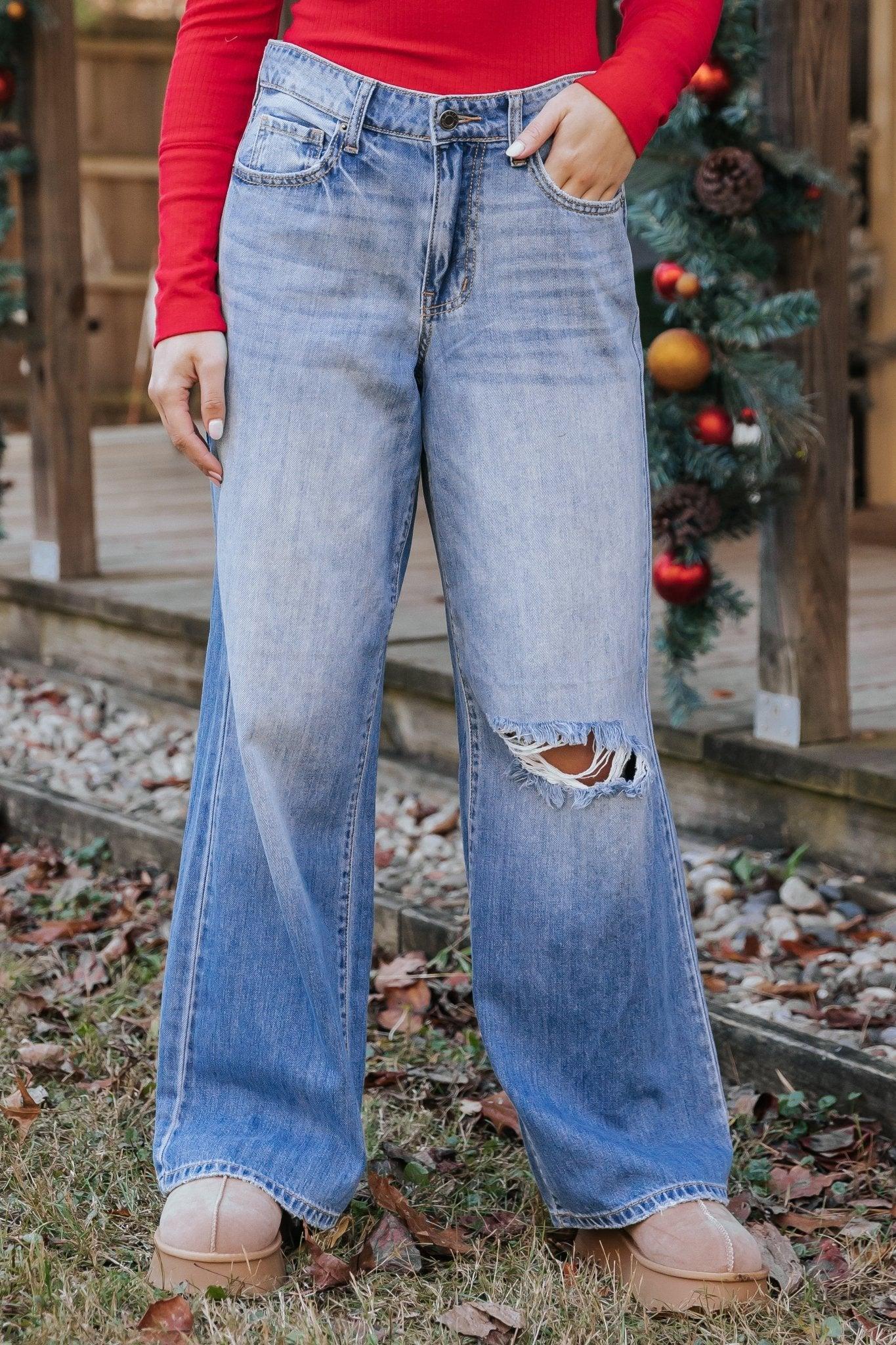 Medium Light Wash Destroyed Wide Leg Jeans - FINAL SALE Product Image