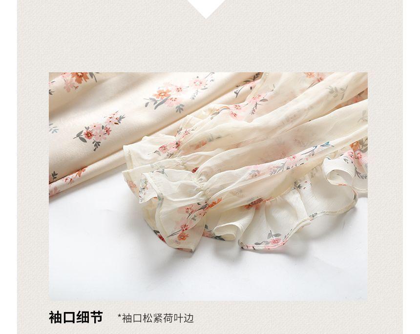 Long-Sleeve V-Neck Floral Midi A-Line Dress Product Image