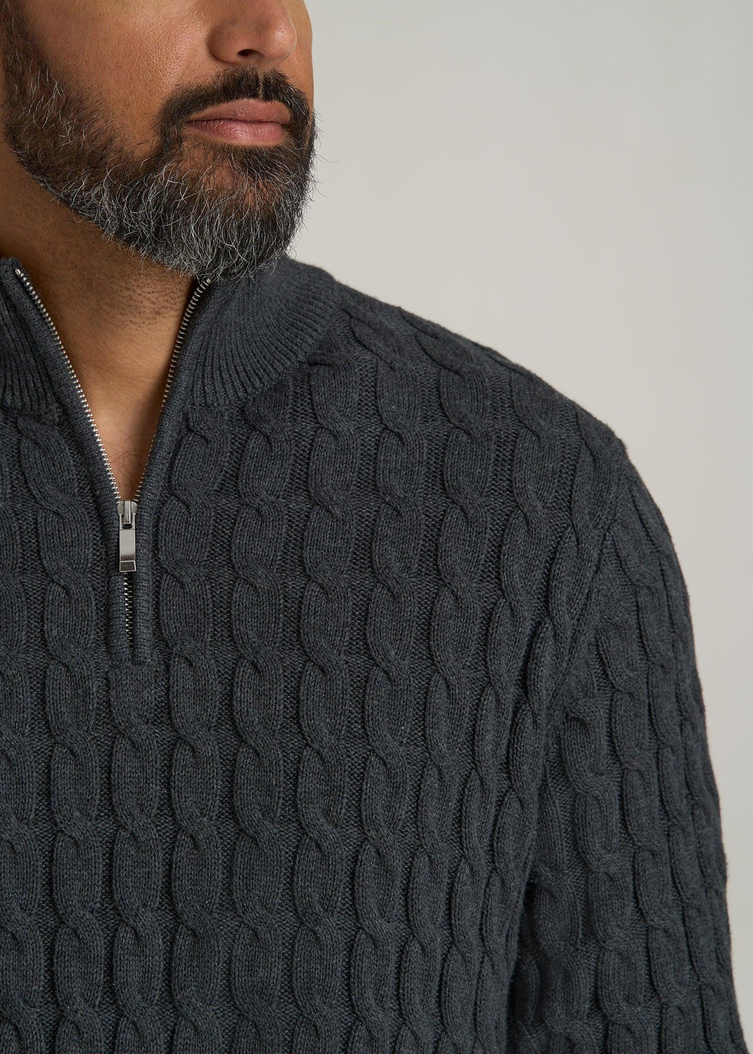 Cable Knit Half Zip Sweater for Tall Men in Charcoal Mix Male Product Image