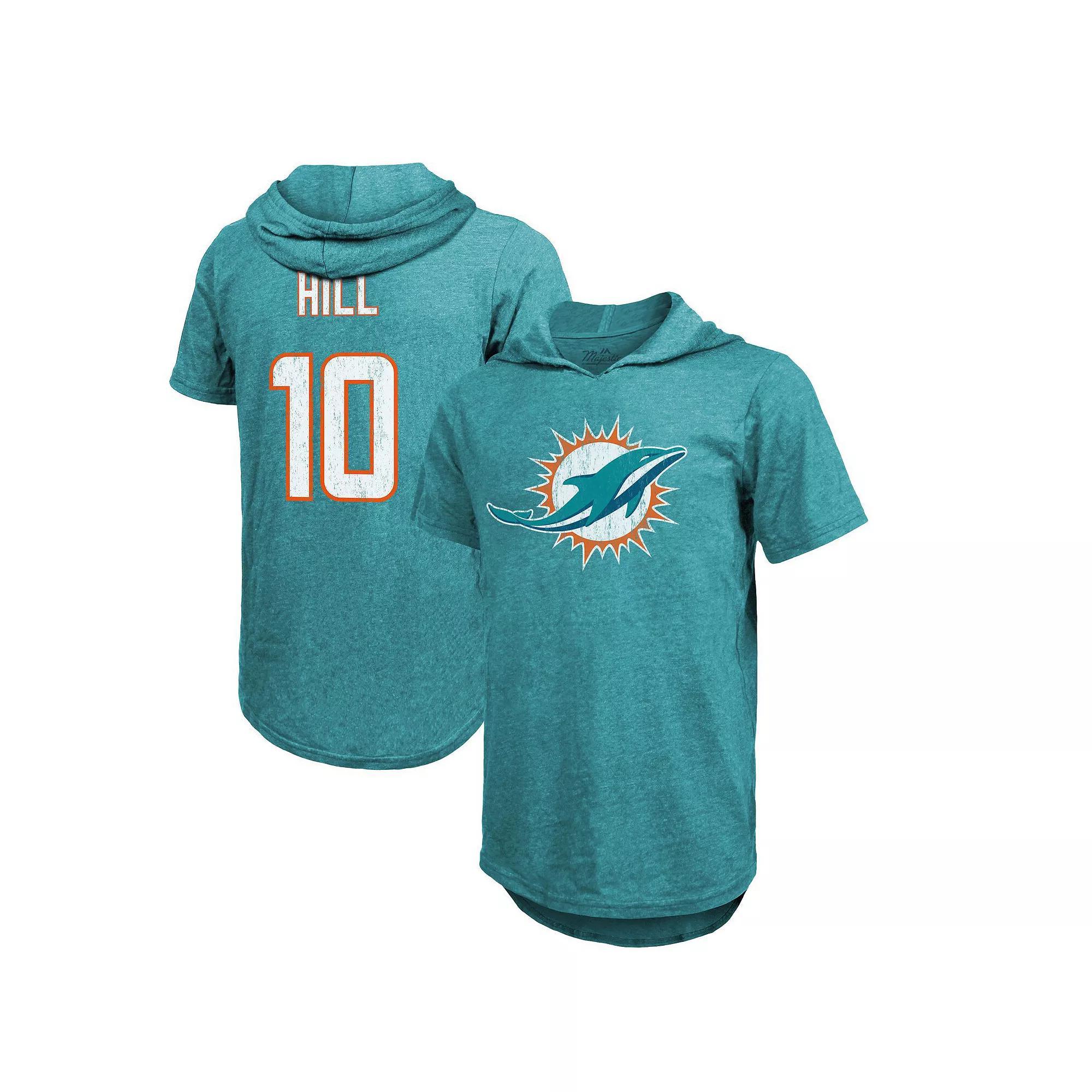 Men's Majestic Threads Tyreek Hill Aqua Miami Dolphins Player Name & Number Short Sleeve Hoodie T-Shirt, Size: 2XL, Turquoise A Product Image
